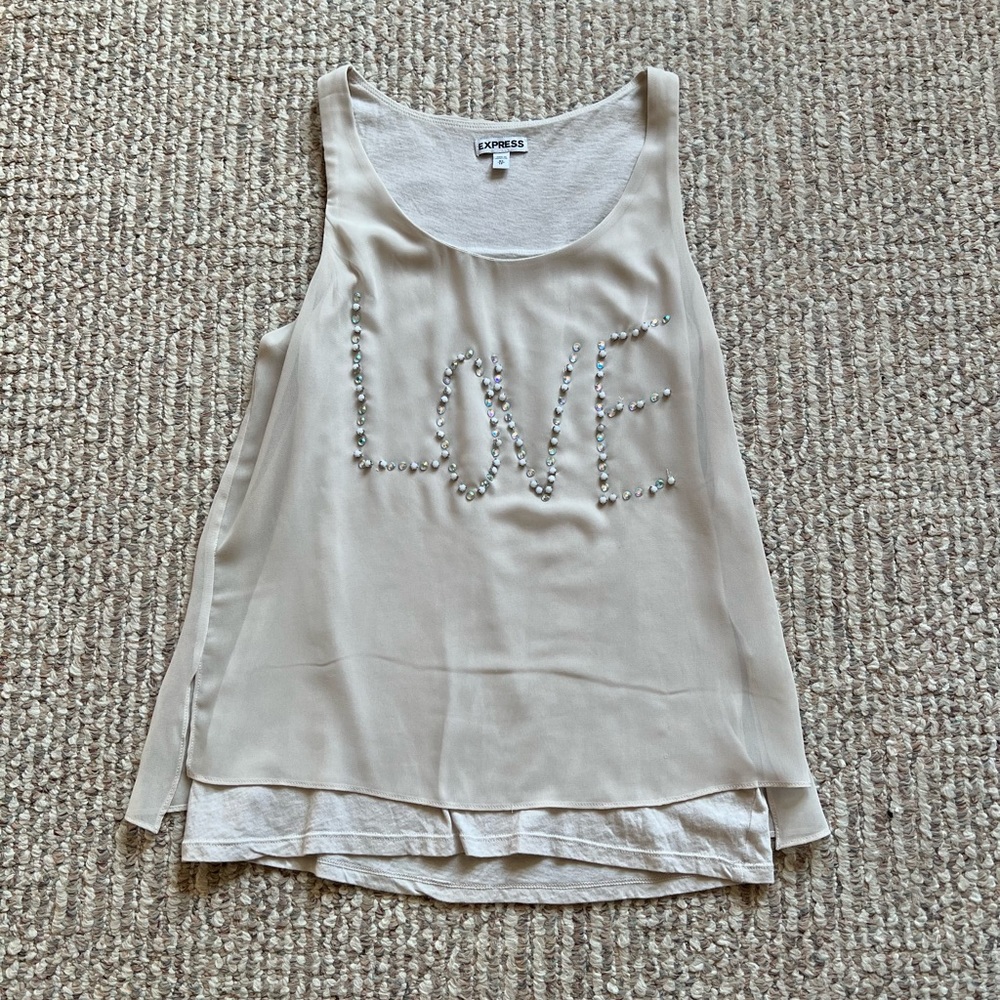 Express LOVE Tan Embellished Rhinestone Split Back Tank Top XS